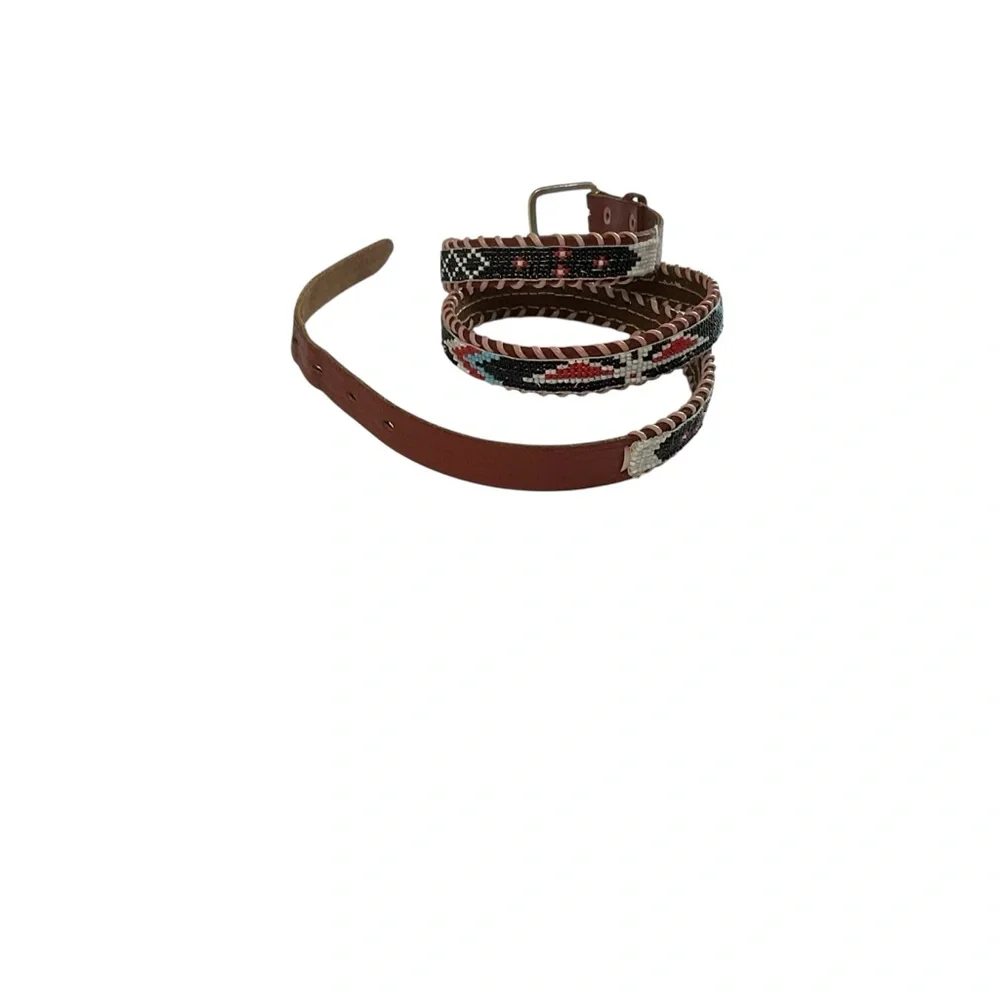 Vintage Brown Genuine Leather Handmade Tribal Design Seed Bead Embroidered Belt